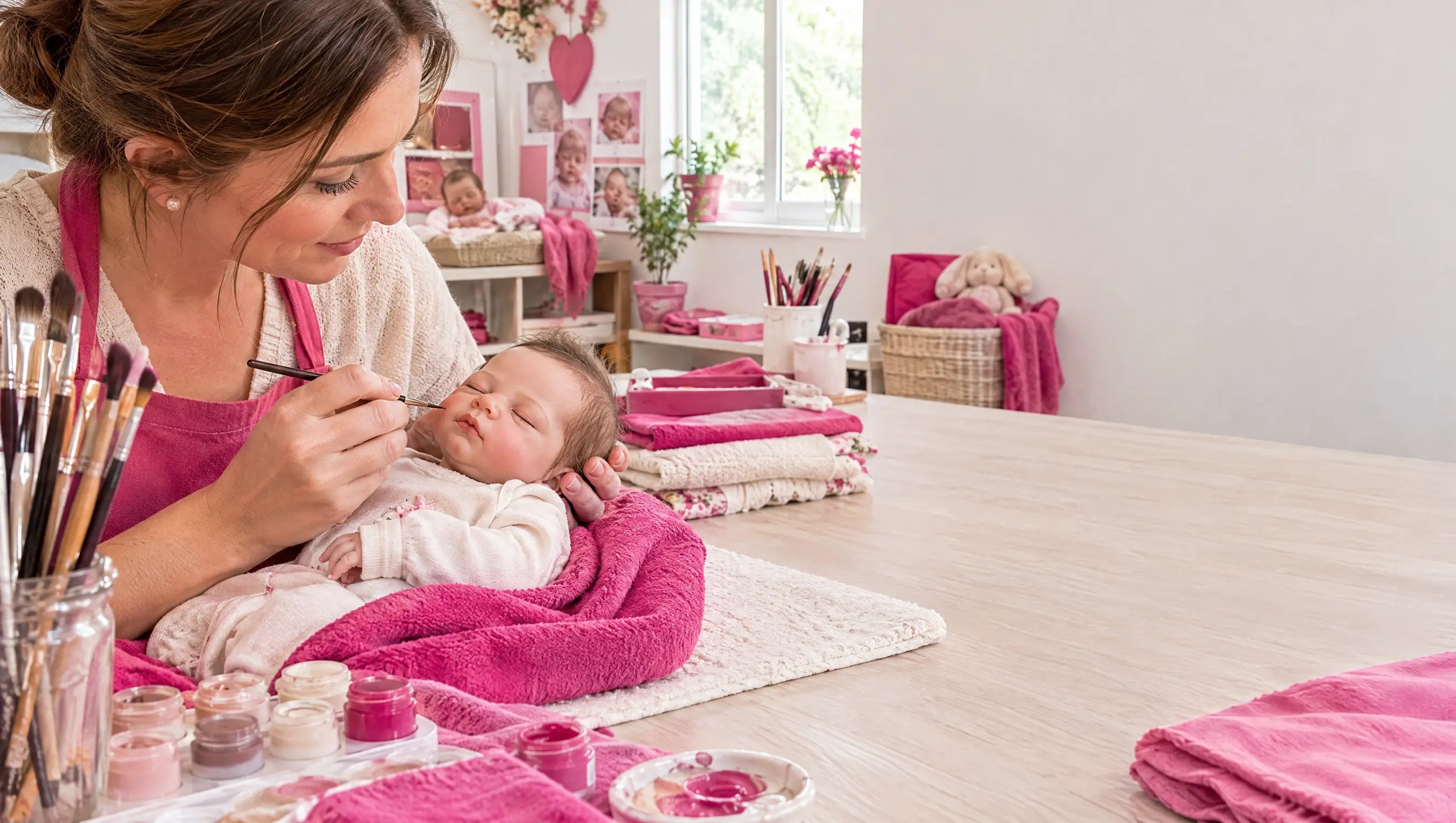 Une artiste peint à la main le visage d'une poupée reborn dans l'atelier