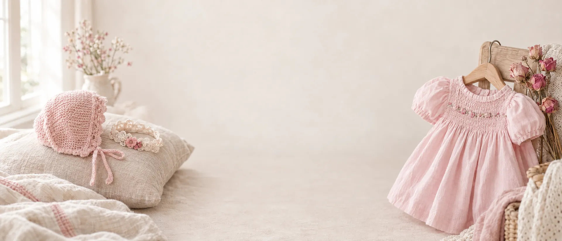 Bonnet tricoté rose, bandeau en dentelle et petite robe rose suspendue dans une chambre de bébé lumineuse