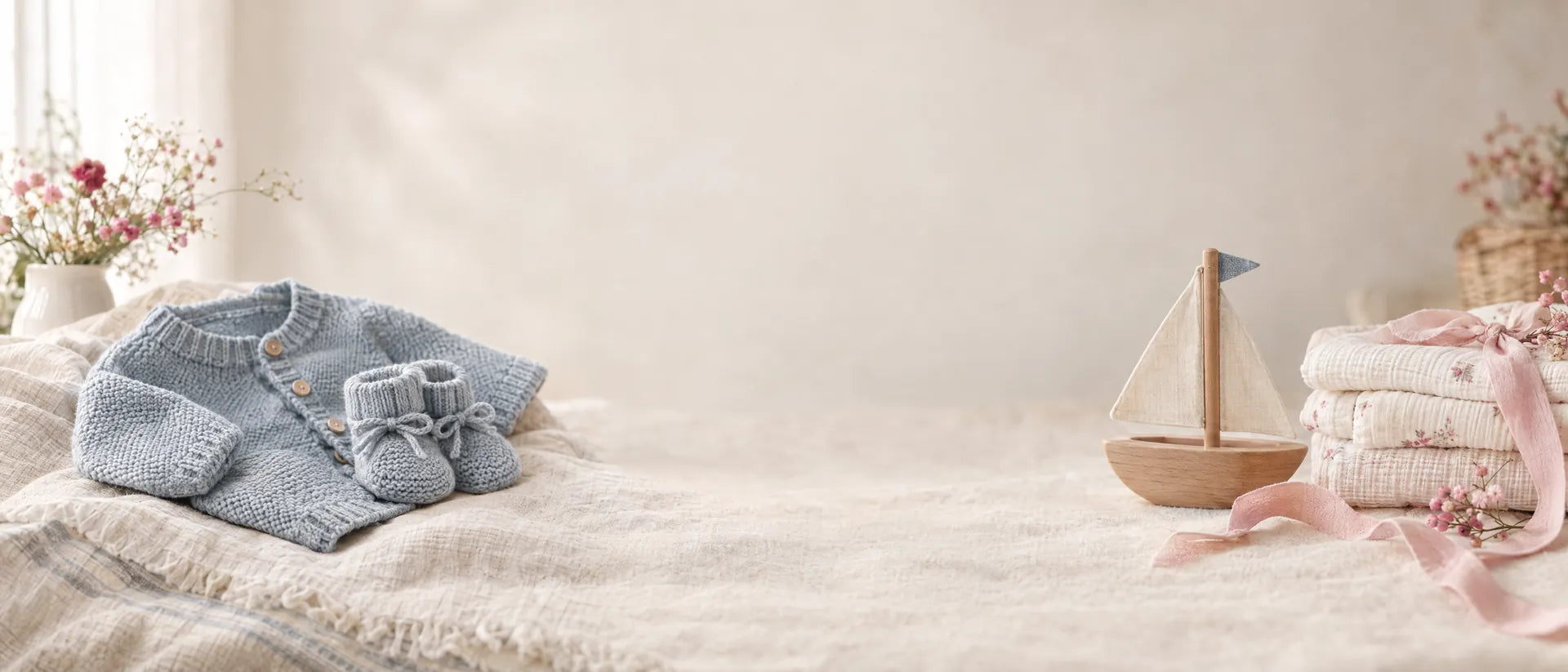 Gilet et chaussons tricotés bleu doux sur une couverture, voilier en bois et langes crème