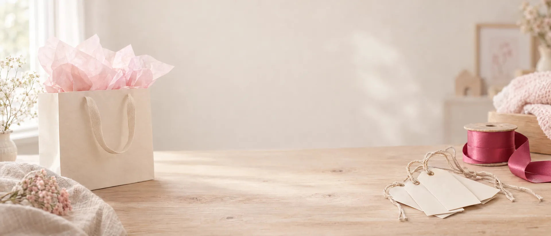 Sac cadeau crème garni de papier de soie rose, étiquettes vierges et ruban framboise sur une table en bois