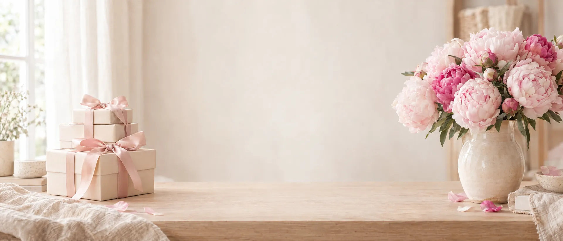Boîtes cadeaux crème nouées de rubans en satin rose et bouquet de pivoines roses sur une table en bois clair